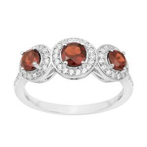 925 Sterling Silver Round Garnet Three Stone Halo Ring with Solitaire Accents